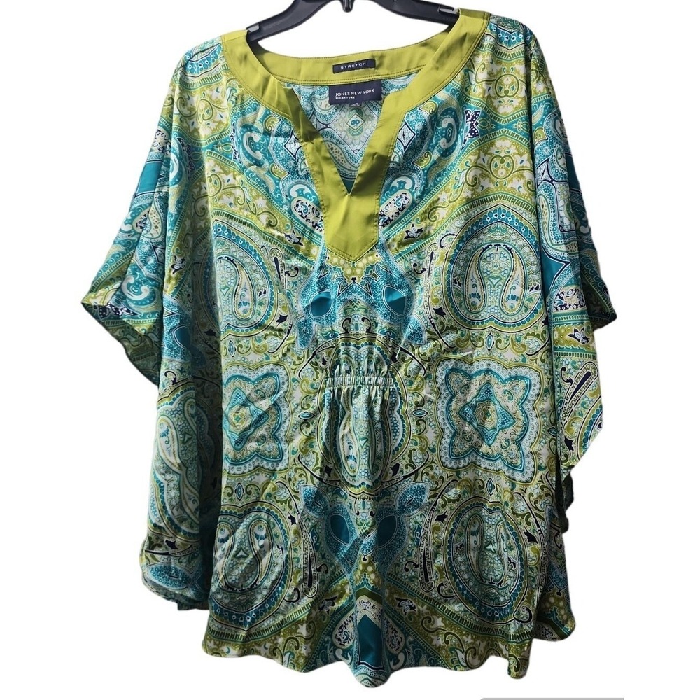 Jones New York Paisley Print Caftan‎ Top Blouse Green Blue Boho Chic Plus